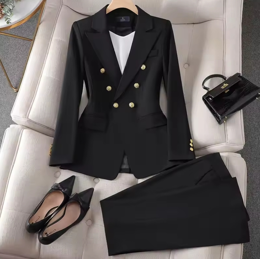 Elegant Work Blazer Suit Noted double breasted Jacket Coat Top And Pant Two Piec - Picture 3 of 5